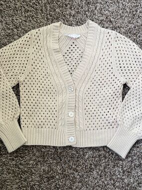 Women's Cream Open-Knit Button Cardigan Sweater